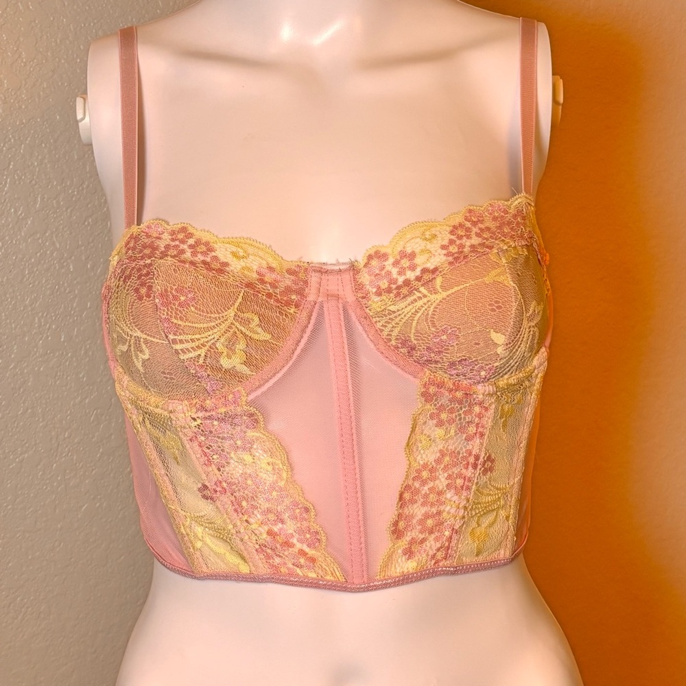 SHEIN Pink and Ivory Lace Bustier Top Sz S